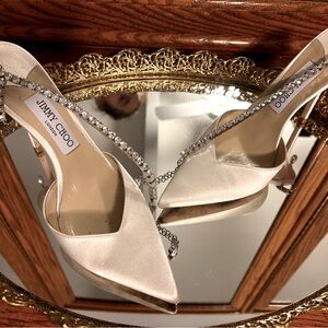 Jimmy Choo Saeda 100 Ivory Satin Pumps with Crystal Embellishment
